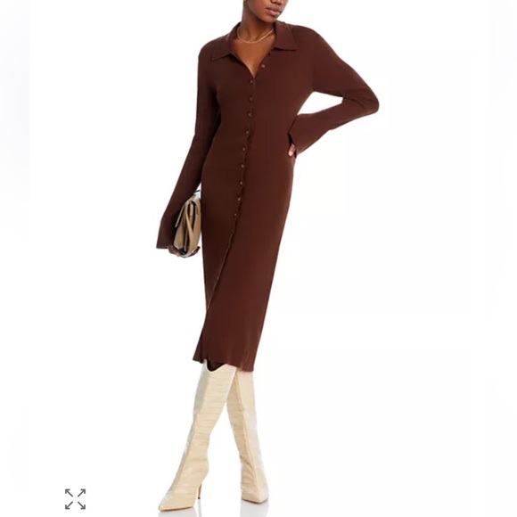 PAIGE Sundara Slim Chocolate Brown Long Sleeve Organic Cotton Midi Dress-S - Picture 2 of 16